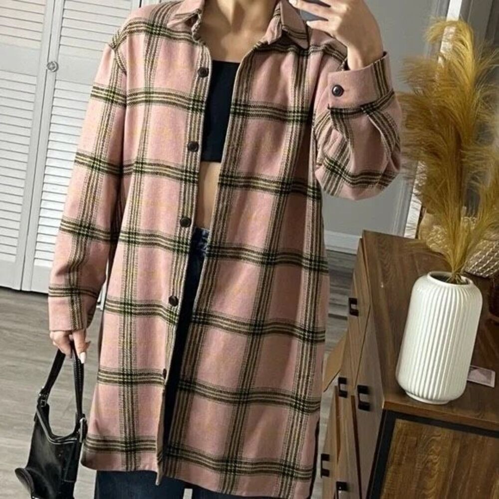 NWOT Wild Fable Womens Plaid Button Front Wool Blend Long Shacket Pink Medium